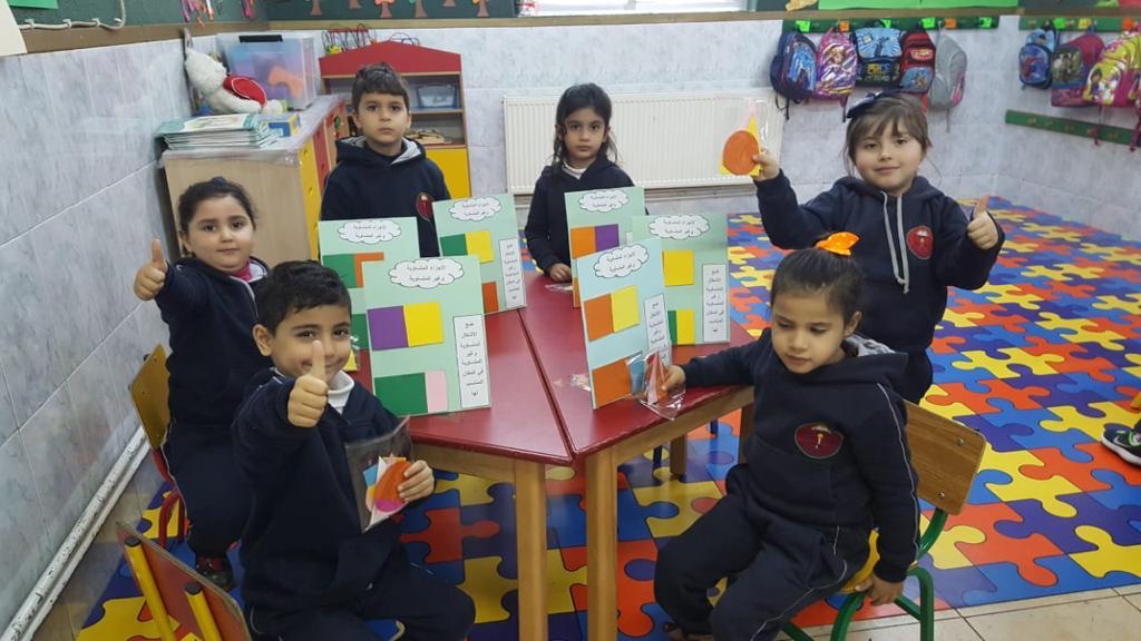 6 Schulkinder sitzen lächelnd um einen runden Tisch, von denen einige den Daumen heben.