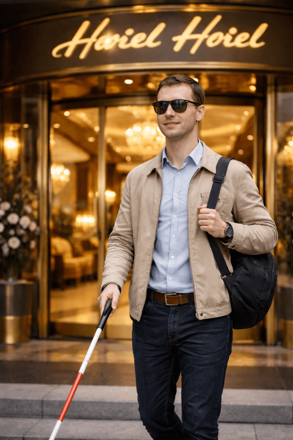 Ein elegant gekleideter, blinder Mann mit Sonnenbrille, Stock und Schultertasche mit einem eleganten Hotel im Hintergrund.